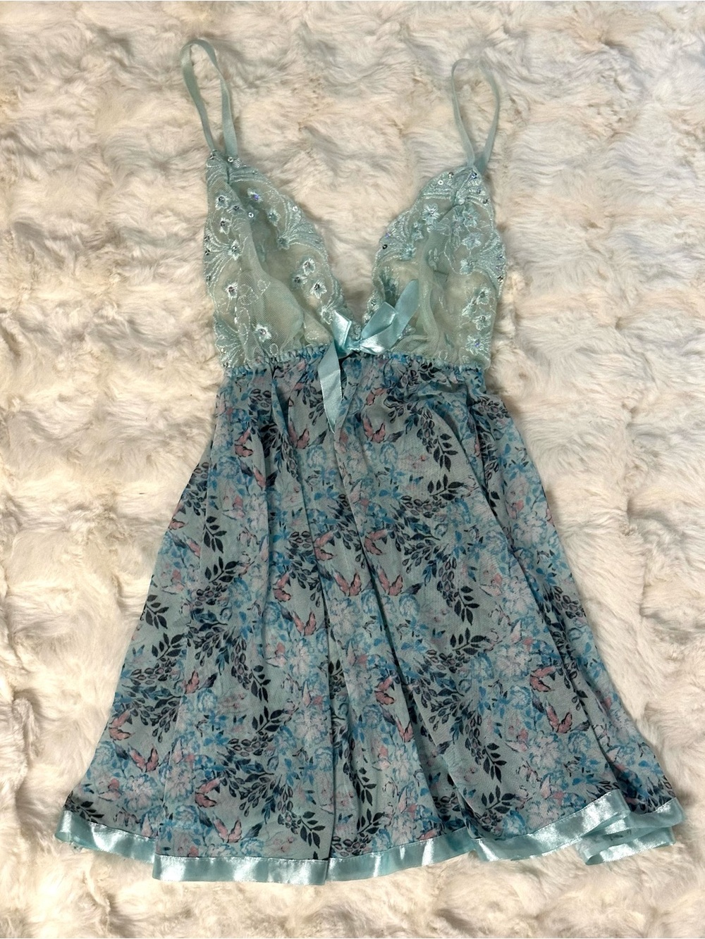 Mermaid Blue Sequin Floral Lace Babydoll Chemise Essential Stylish Dress- Women